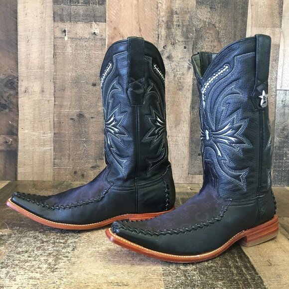 Los Altos Pointed Toe Western Black Cowboy Boots Mens 8.5 EE - Picture 5 of 12
